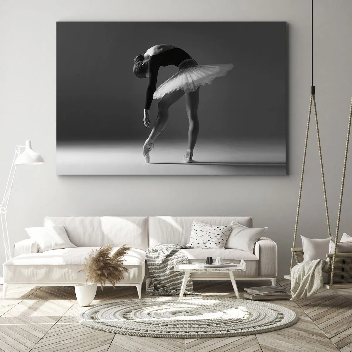 Cuadro sobre lienzo - Impresión de Imagen - Una bailarina en una pose elegante sobre un fondo blanco y negro. - 70x50cm - Bella bailarina - Decoración de pared moderna para salón y dormitorio ARTTOR