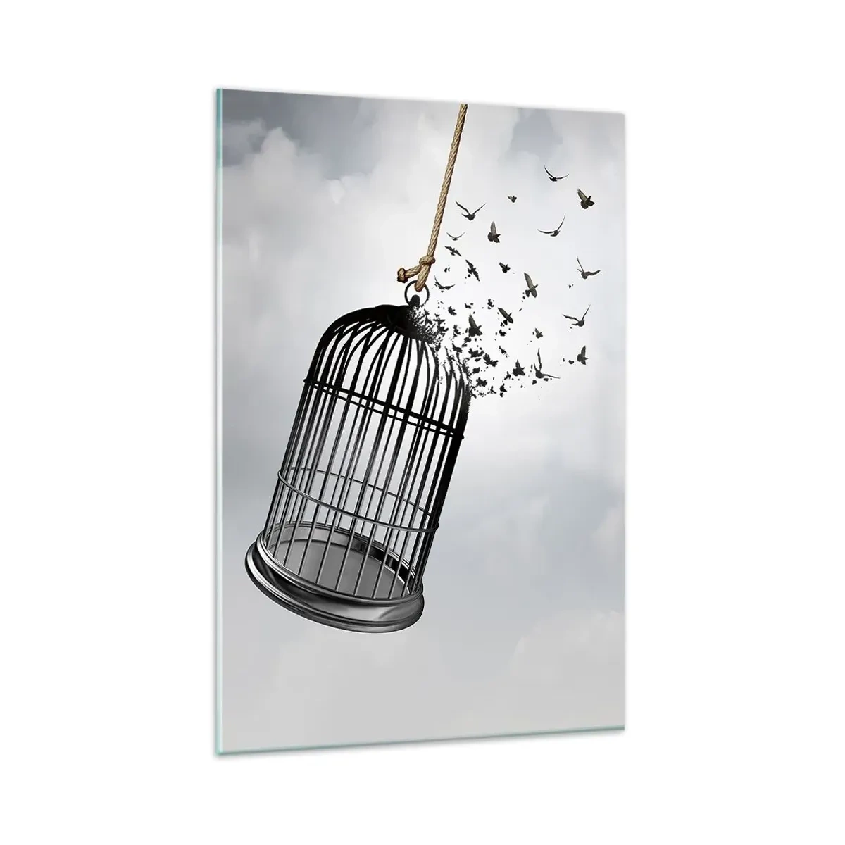 Cuadro sobre vidrio - Impresiones sobre Vidrio - Pájaros volando desde una jaula contra el cielo. - 80x120cm - Fe... Esperanza... ¡Libertad! - Decoración de pared moderna para salón y dormitorio ARTTOR