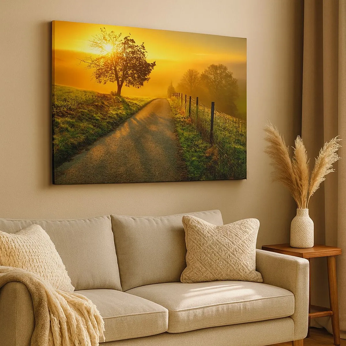 Cuadro sobre lienzo - Impresión de Imagen - Una pintoresca carretera al atardecer con un árbol solitario al fondo. - 70x50cm - Tarde melosa - Decoración de pared moderna para salón y dormitorio ARTTOR