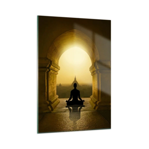 Cuadro sobre vidrio - Impresiones sobre Vidrio - Silueta de una persona meditando a la luz del sol poniente en un arco arquitectónico. - 50x70cm - Armonía total - Decoración de pared moderna para salón y dormitorio ARTTOR