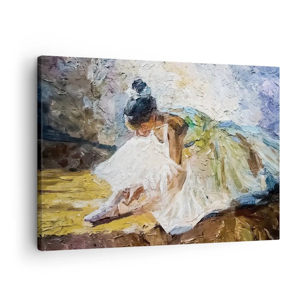 Cuadro sobre lienzo - Impresión de Imagen - Una bailarina con un vestido blanco de estilo pictórico sobre un fondo impresionista. - 70x50cm - De un cuadro de Degas - Decoración de pared moderna para salón y dormitorio ARTTOR