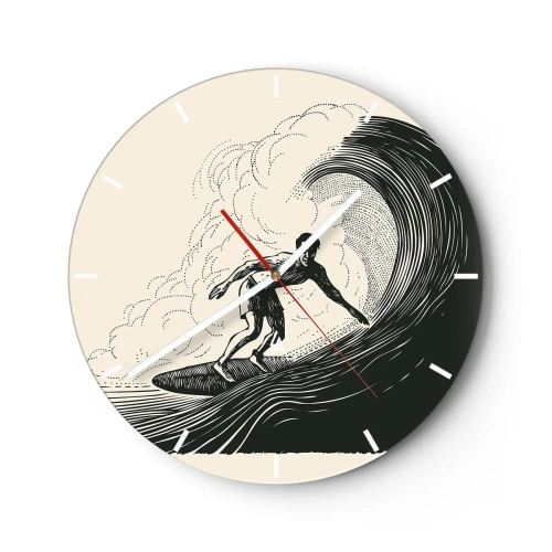 Reloj de pared - Reloj de vidrio - Surfista en una ola retro - 30x30cm - Rey de la ola - Decoración de pared moderna para salón, cocina y dormitorio ARTTOR