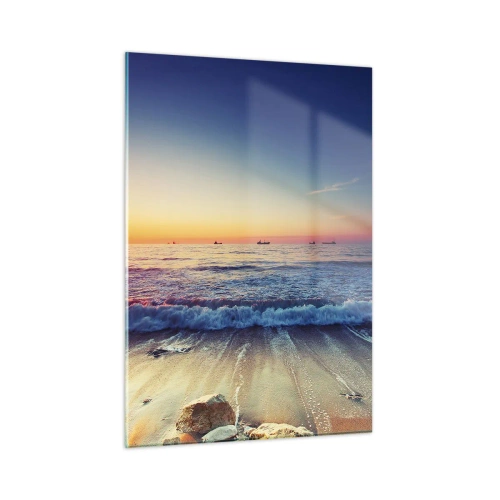 Cuadro sobre vidrio - Impresiones sobre Vidrio - Puesta de sol sobre la playa con suaves olas y un mar en calma. - 50x70cm - ¿Y qué hay tras el horizonte? - Decoración de pared moderna para salón y dormitorio ARTTOR