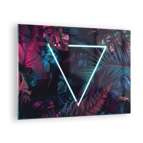 Cuadro sobre vidrio - Impresiones sobre Vidrio - Un triángulo de neón rodeado de plantas tropicales en tonos rosa y azul. - 70x50cm - Jardín fluorescente - Decoración de pared moderna para salón y dormitorio ARTTOR