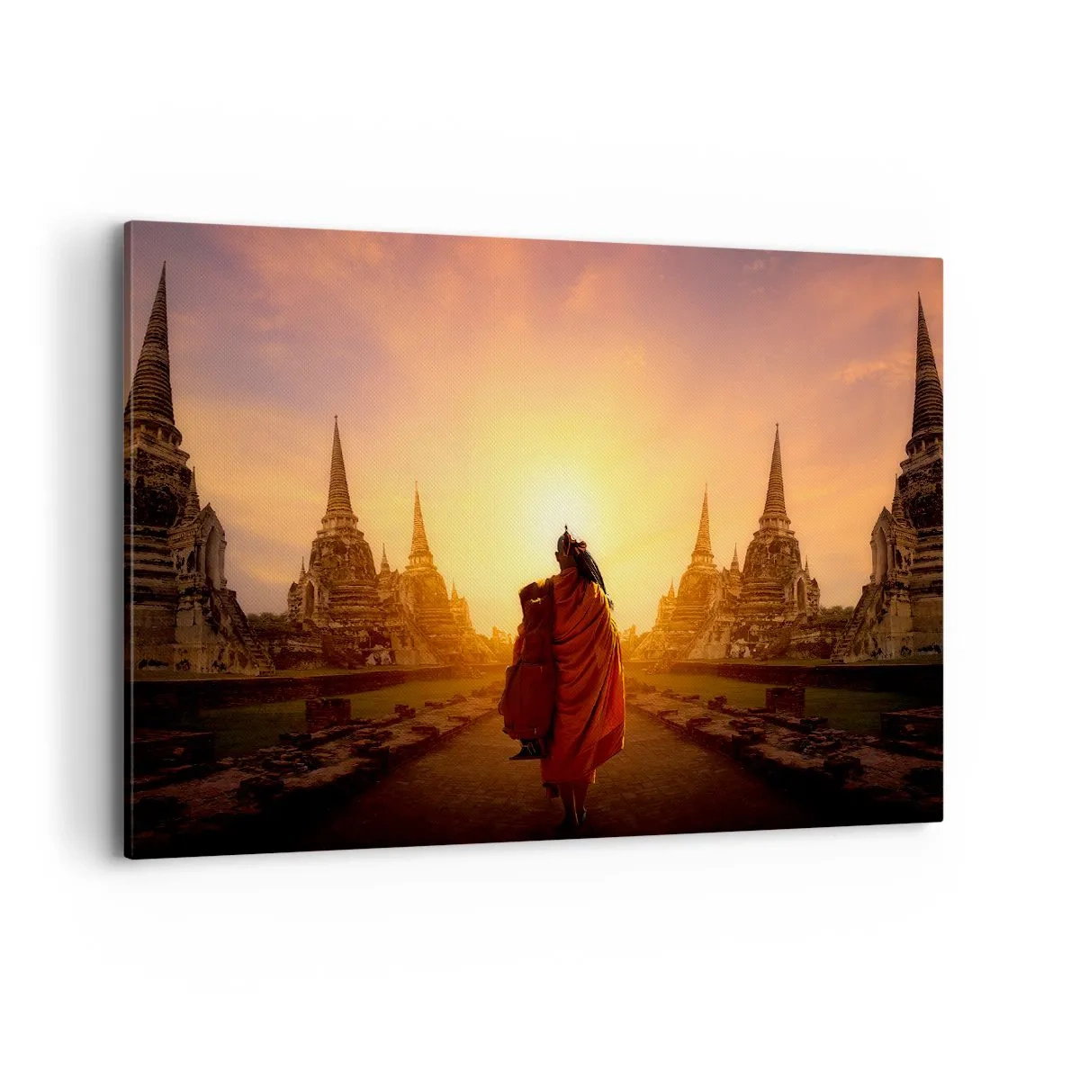 Cuadro sobre lienzo - Impresión de Imagen - Un monje entre los templos al atardecer. - 120x80cm - En paz por la eternidad - Decoración de pared moderna para salón y dormitorio ARTTOR