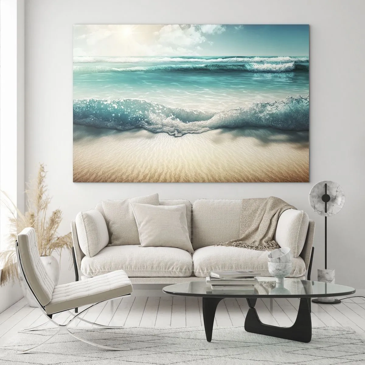 Cuadro sobre vidrio - Impresiones sobre Vidrio - Olas turquesas del océano golpeando una playa de arena - 70x50cm - Calma oceánica - Decoración de pared moderna para salón y dormitorio ARTTOR