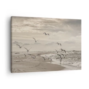 Cuadro sobre lienzo - Impresión de Imagen - Una gaviota en vuelo sobre un paisaje costero - 70x50cm - El sonido del mar, el canto de los pájaros - Decoración de pared moderna para salón y dormitorio ARTTOR
