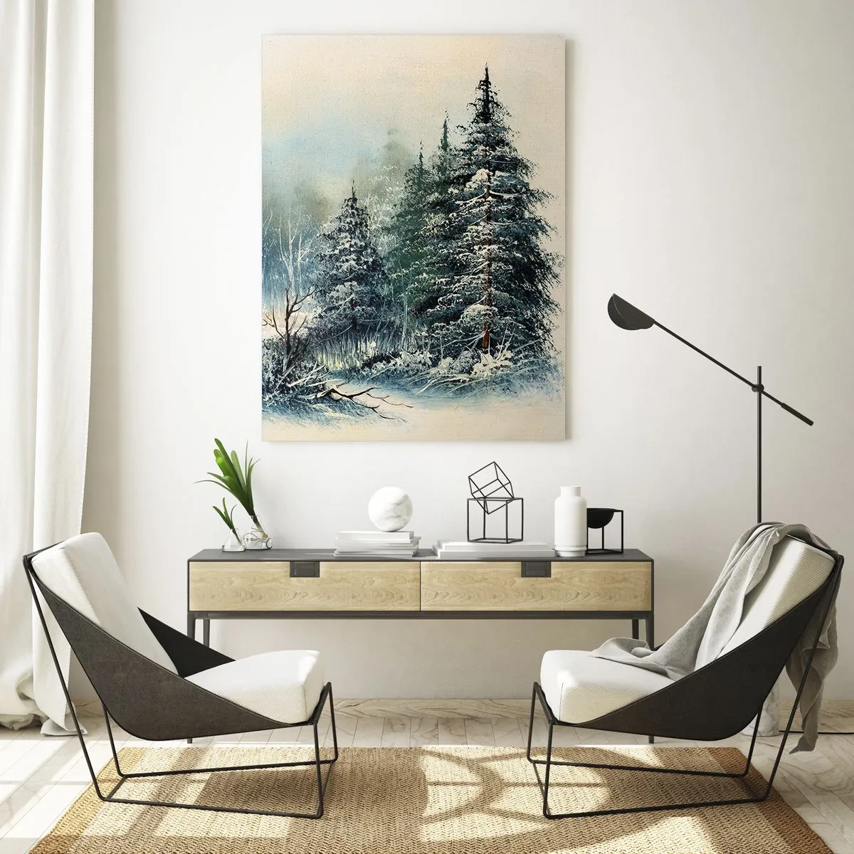 Cuadro sobre vidrio - Impresiones sobre Vidrio - Bosque invernal con árboles cubiertos de nieve contra el cielo. - 50x70cm - Preparados para la Navidad - Decoración de pared moderna para salón y dormitorio ARTTOR
