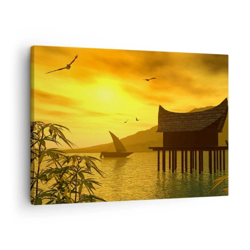 Cuadro sobre lienzo - Impresión de Imagen - Puesta de sol tropical sobre el agua con casa de madera sobre pilotes. - 70x50cm - La ansiada paz - Decoración de pared moderna para salón y dormitorio ARTTOR