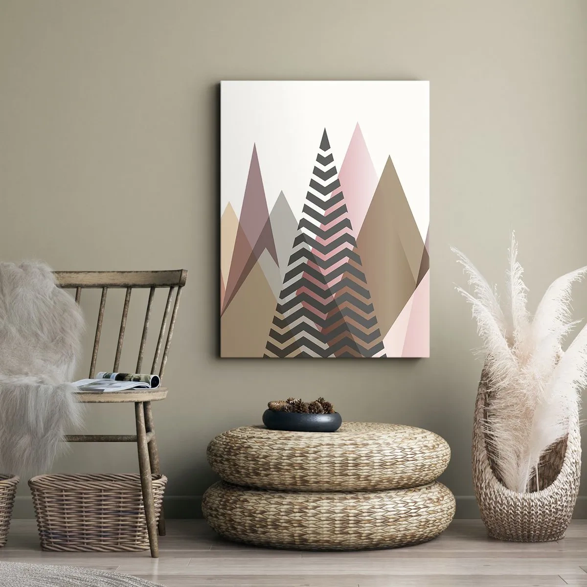 Cuadro sobre lienzo - Impresión de Imagen - Montañas geométricas coloridas en tonos pastel - 50x70cm - Una visión piramidal - Decoración de pared moderna para salón y dormitorio ARTTOR