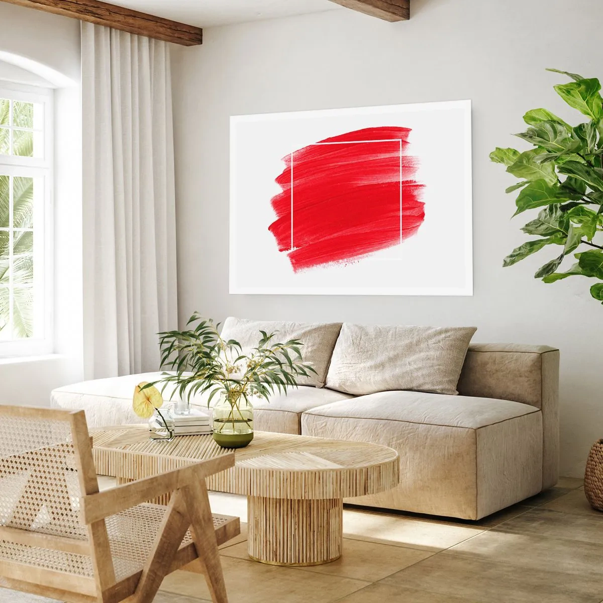 Póster - Trazo de pincel rojo con borde blanco - 100x70cm - Fuera del marco - Decoración de pared moderna para salón y dormitorio ARTTOR