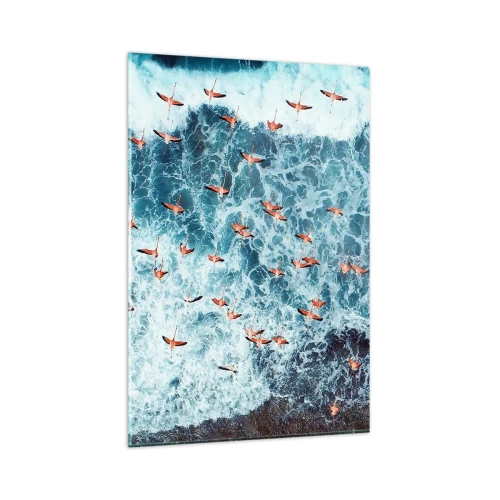 Cuadro sobre vidrio - Impresiones sobre Vidrio - Una vista aérea de flamencos rosados sobre un océano azul. - 80x120cm - Un desfile marítimo - Decoración de pared moderna para salón y dormitorio ARTTOR