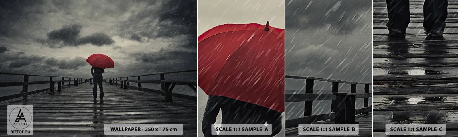 Muestra de fotomural autoadhesivo Deluxe Sticker - No importa que llueva - Muelle de madera, Mar, Caminar en la lluvia - 100x30 cm