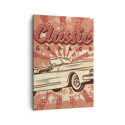 Cuadro sobre lienzo - Impresión de Imagen - Póster retro con un coche clásico y las palabras Classic Garage - 50x70cm - Y Elvis en la radio - Decoración de pared moderna para salón y dormitorio ARTTOR
