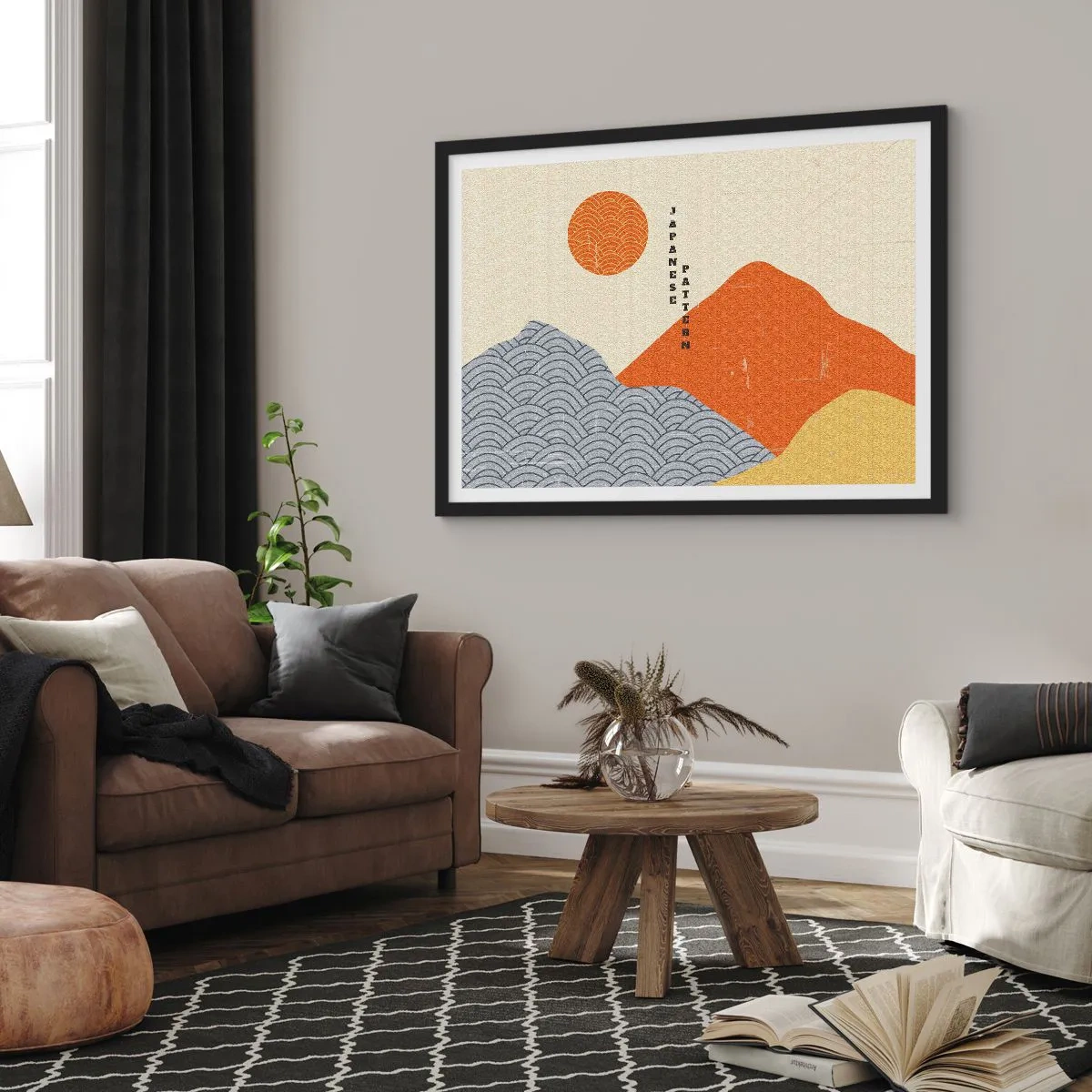 Póster en marco negro - Patrones japoneses con montañas, sol y estilo minimalista. - 70x50cm - En el espíritu japonés - Decoración de pared moderna para salón y dormitorio ARTTOR