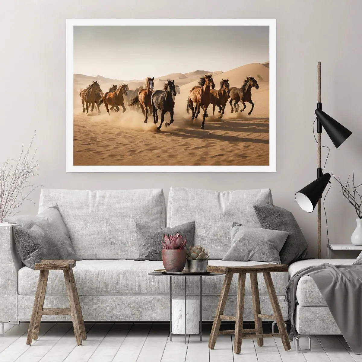Póster - Caballos al galope contra un fondo desértico - 100x70cm - Libre como el viento - Decoración de pared moderna para salón y dormitorio ARTTOR