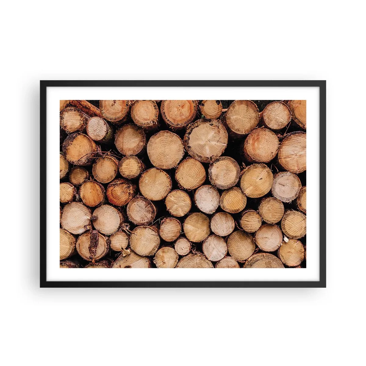 Póster en marco negro - Montones de troncos de árboles talados dispuestos en armonía - 70x50cm - Un nuevo comienzo - Decoración de pared moderna para salón y dormitorio ARTTOR