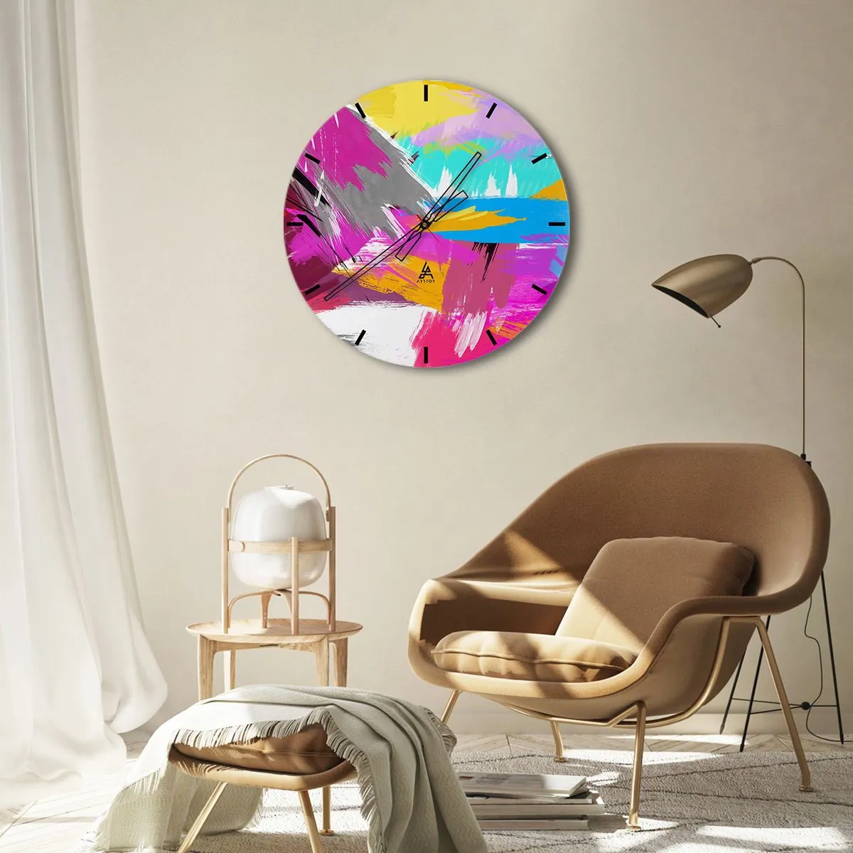 Reloj de pared - Reloj de vidrio - Pinceladas abstractas coloridas - 30x30cm - Abstracción colorida - Decoración de pared moderna para salón, cocina y dormitorio ARTTOR