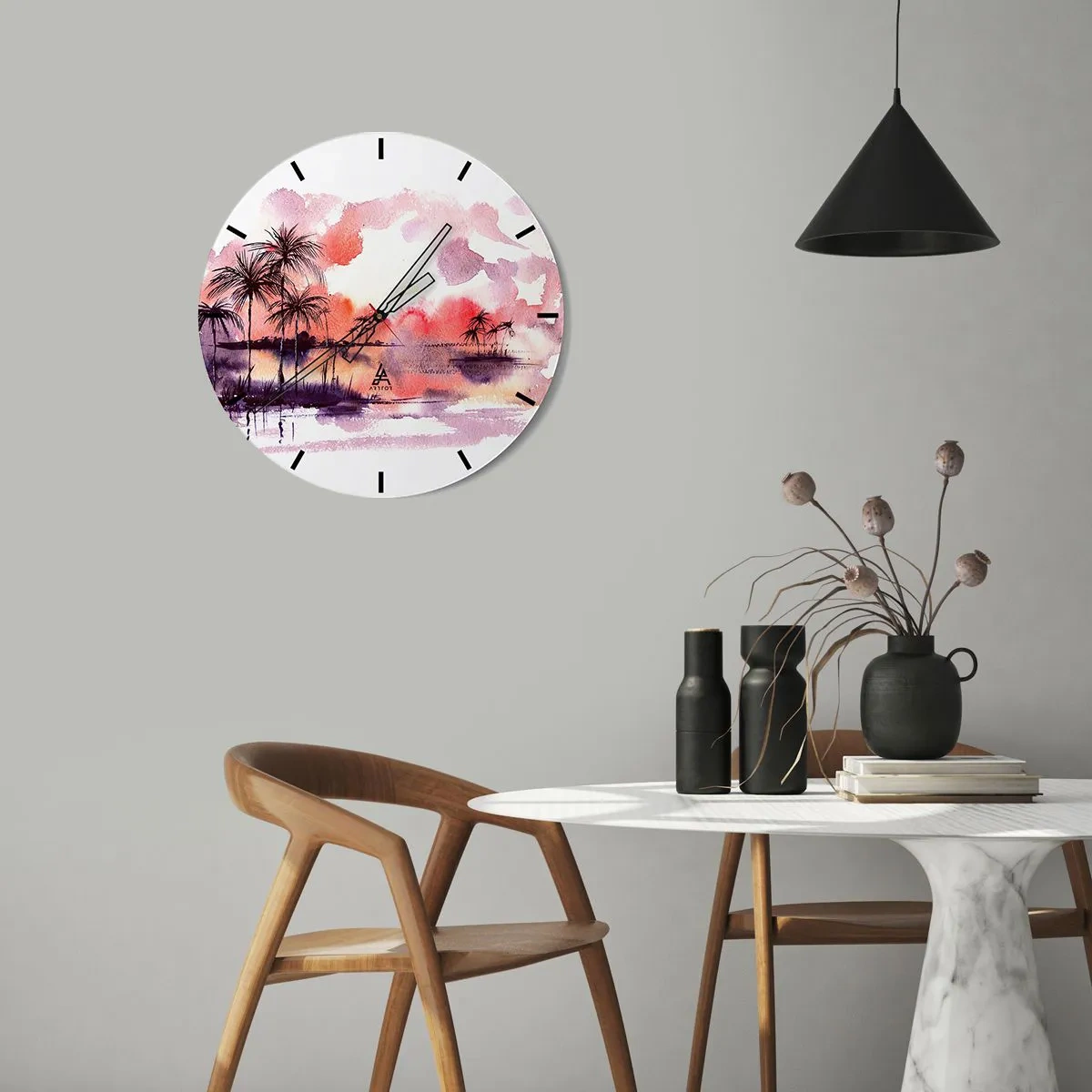 Reloj de pared - Reloj de vidrio - Paisaje de acuarela con palmeras al atardecer - 30x30cm - La calma de los trópicos en rojo - Decoración de pared moderna para salón, cocina y dormitorio ARTTOR
