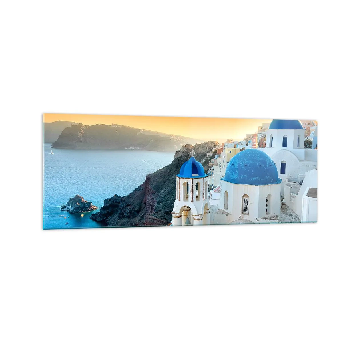 Cuadro sobre vidrio - Impresiones sobre Vidrio - Vista de Santorini con edificios blancos y mar azul. - 140x50cm - Santorini - el abrazo a las rocas - Decoración de pared moderna para salón y dormitorio ARTTOR