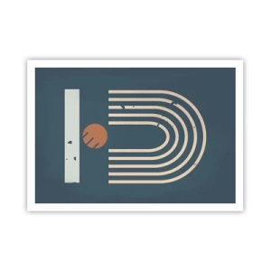 Póster - Patrón geométrico en tonos azul marino, beige y naranja sobre un fondo oscuro. - 100x70cm - Geometría sobre azul marino - Decoración de pared moderna para salón y dormitorio ARTTOR