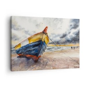 Cuadro sobre lienzo - Impresión de Imagen - Un pintoresco barco en la playa bajo un cielo nublado. - 70x50cm - Descansando en la orilla - Decoración de pared moderna para salón y dormitorio ARTTOR