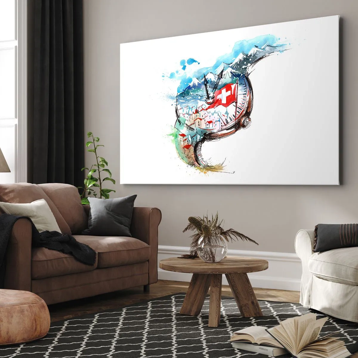 Cuadro sobre lienzo - Impresión de Imagen - Un paisaje de acuarela de Suiza con un diseño de relojería. - 70x50cm - El espíritu de Suiza - Decoración de pared moderna para salón y dormitorio ARTTOR