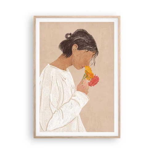 Póster en marco roble claro - Joven con flores - 70x100 cm