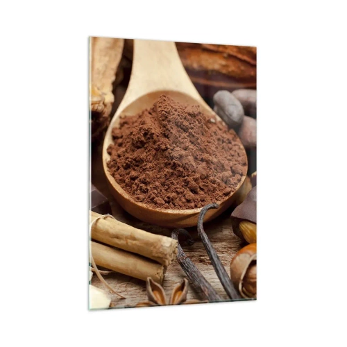 Cuadro sobre vidrio - Impresiones sobre Vidrio - Una cucharada de ingredientes de cacao y chocolate en un arreglo rústico. - 80x120cm - Lo mejor para las penas - Decoración de pared moderna para salón y dormitorio ARTTOR