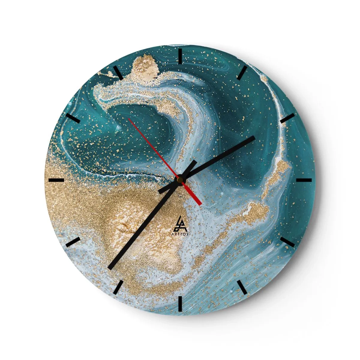 Reloj de pared - Reloj de vidrio - Un remolino de oro y turquesa - 40x40 cm