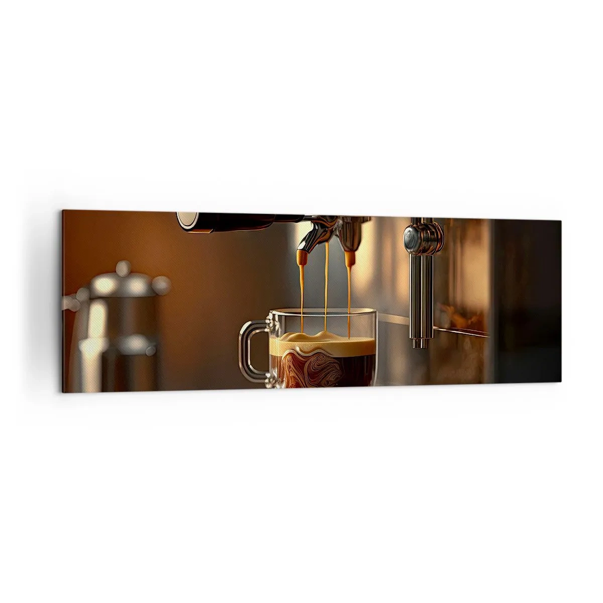 Cuadro sobre lienzo - Impresión de Imagen - Cafetera con una taza de espresso aromático. - 160x50cm - Un brebaje sensual - Decoración de pared moderna para salón y dormitorio ARTTOR