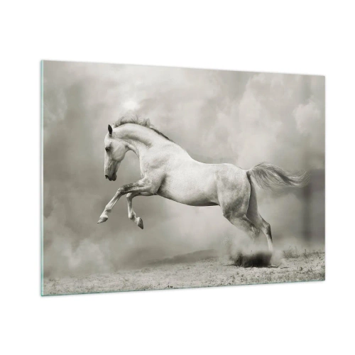 Cuadro sobre vidrio - Impresiones sobre Vidrio - Un caballo blanco saltando contra las nubes. - 100x70cm - Entre la realidad y el sueño - Decoración de pared moderna para salón y dormitorio ARTTOR
