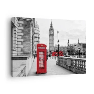 Cuadro sobre lienzo - Impresión de Imagen - Una cabina telefónica roja con el Big Ben al fondo en Londres - 70x50cm - Sin duda, Londres - Decoración de pared moderna para salón y dormitorio ARTTOR