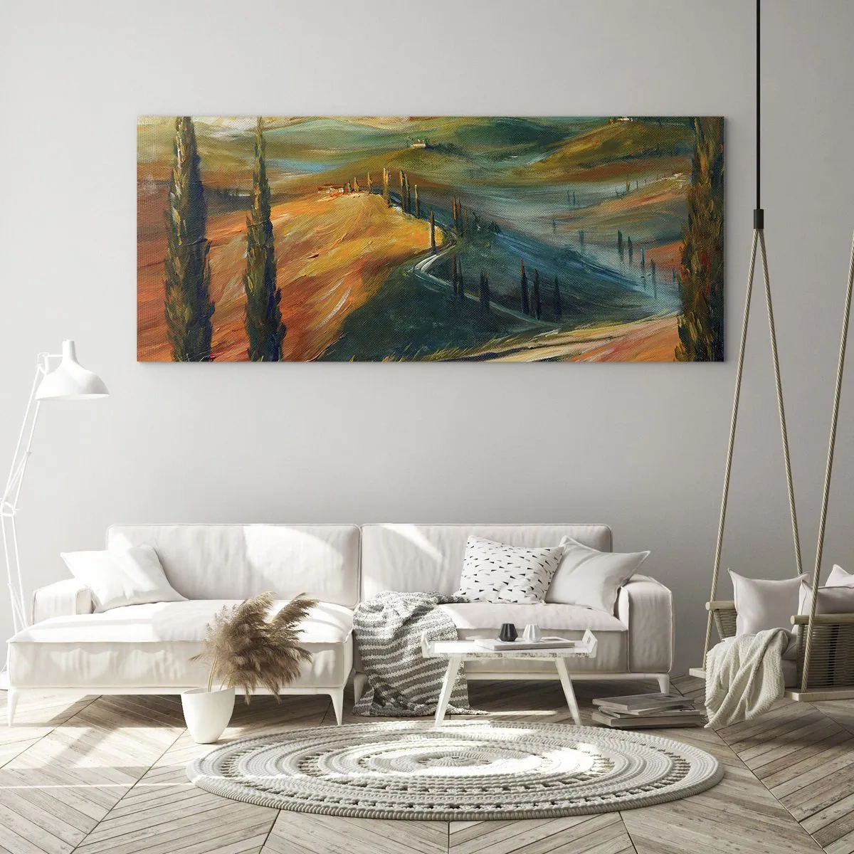 Cuadro sobre vidrio - Impresiones sobre Vidrio - Paisaje toscano con campos, camino y cipreses. - 140x50cm - Paisaje toscano - Decoración de pared moderna para salón y dormitorio ARTTOR