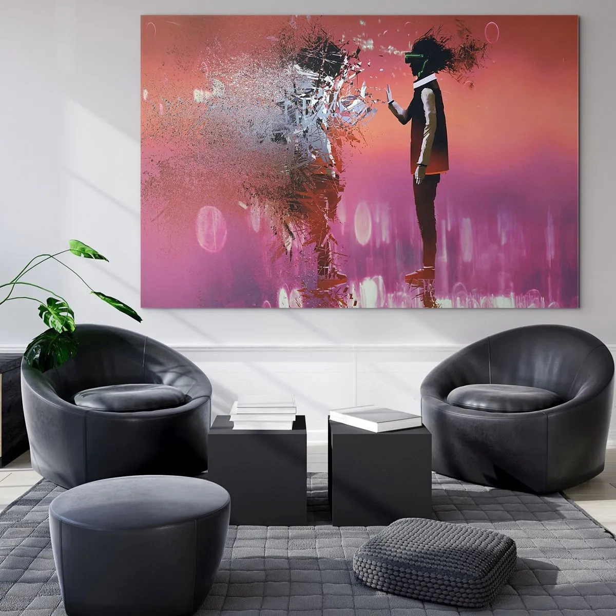 Cuadro sobre vidrio - Impresiones sobre Vidrio - Un personaje en realidad virtual con una sombra dispersa. - 70x50cm - ¿Es posible mirar dentro de uno mismo? - Decoración de pared moderna para salón y dormitorio ARTTOR