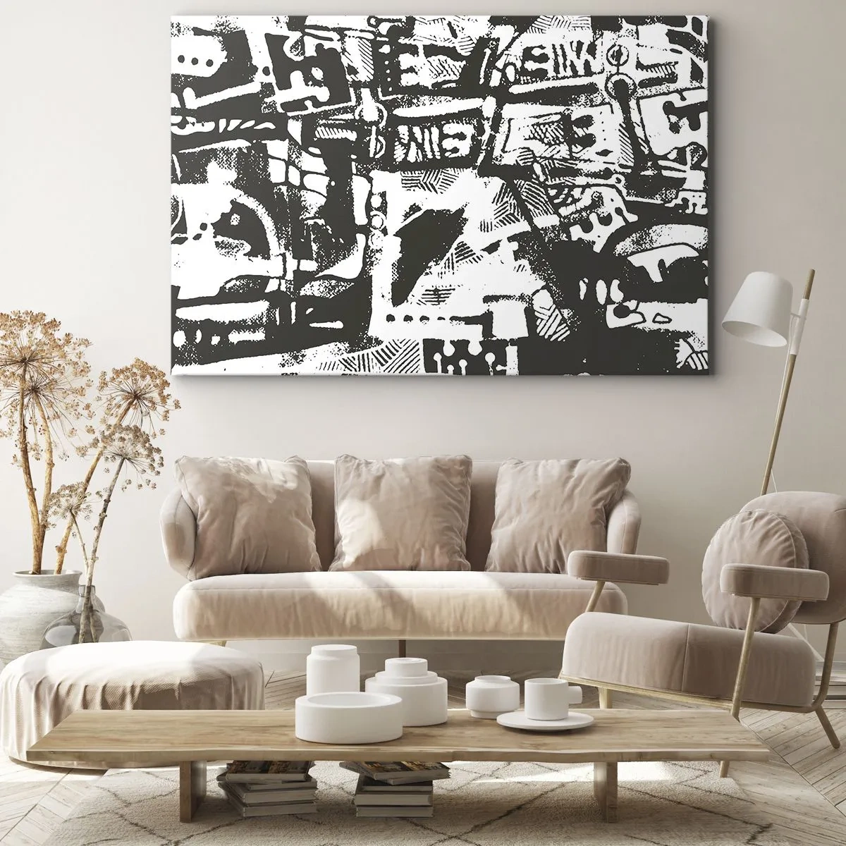 Cuadro sobre lienzo - Impresión de Imagen - Patrón retro monocromático abstracto - 70x50cm - ¿Orden o caos? - Decoración de pared moderna para salón y dormitorio ARTTOR