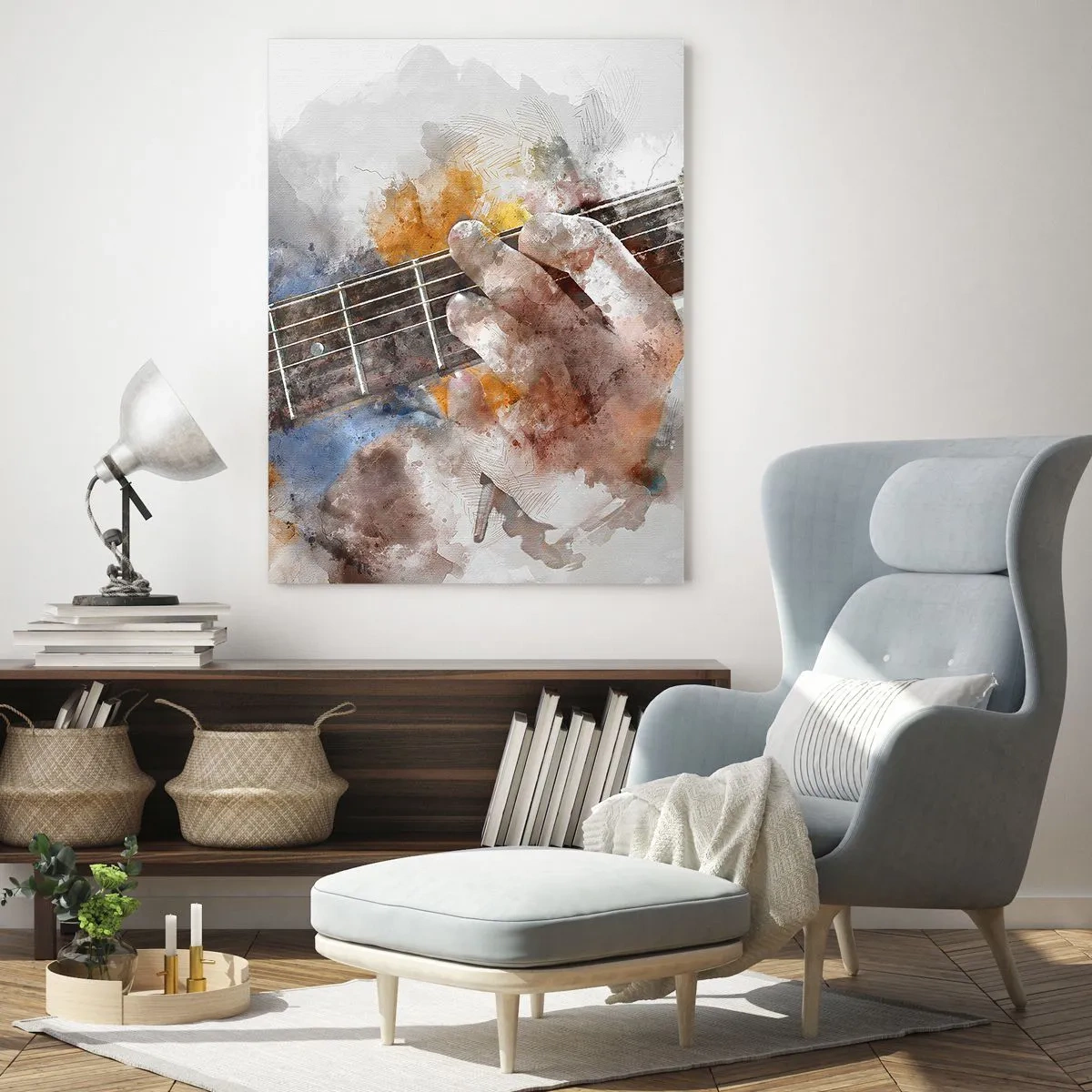 Cuadro sobre vidrio - Impresiones sobre Vidrio - Motivo de acuarela de una mano tocando una guitarra. - 50x70cm - Poesía entre las cuerdas - Decoración de pared moderna para salón y dormitorio ARTTOR