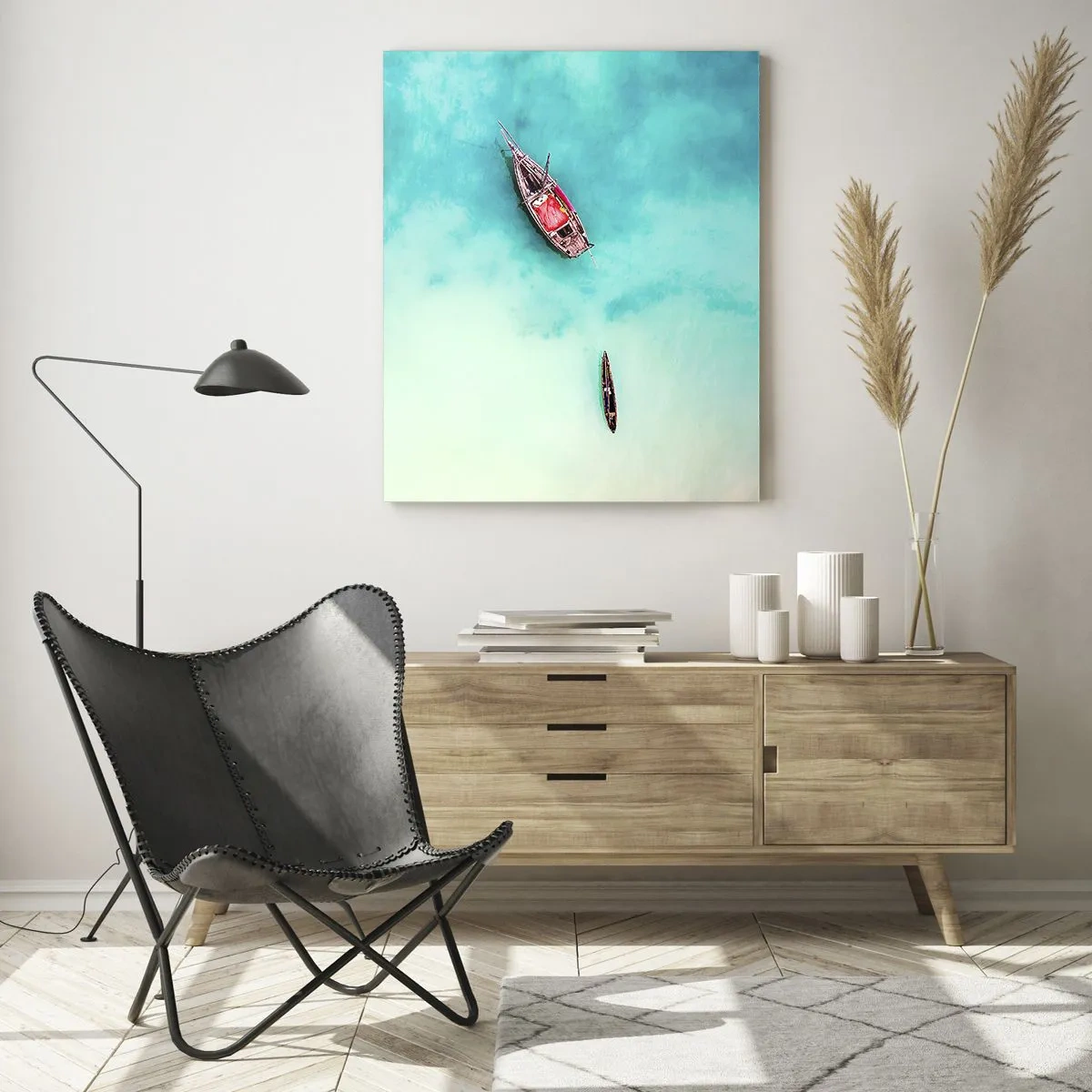 Cuadro sobre vidrio - Impresiones sobre Vidrio - Barcos en aguas turquesas vistos a vista de pájaro - 80x120cm - Porque en las playas de Zanzíbar, cuando las aguas se desbordan... - Decoración de pared moderna para salón y dormitorio ARTTOR