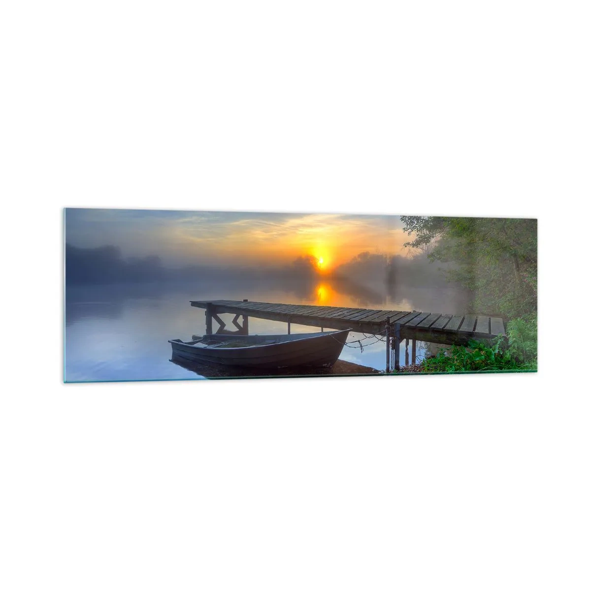 Cuadro sobre vidrio - Impresiones sobre Vidrio - Un embarcadero junto al lago al amanecer con un barco en la orilla. - 160x50cm - Cómo lo ordinario se convierte en mágico - Decoración de pared moderna para salón y dormitorio ARTTOR