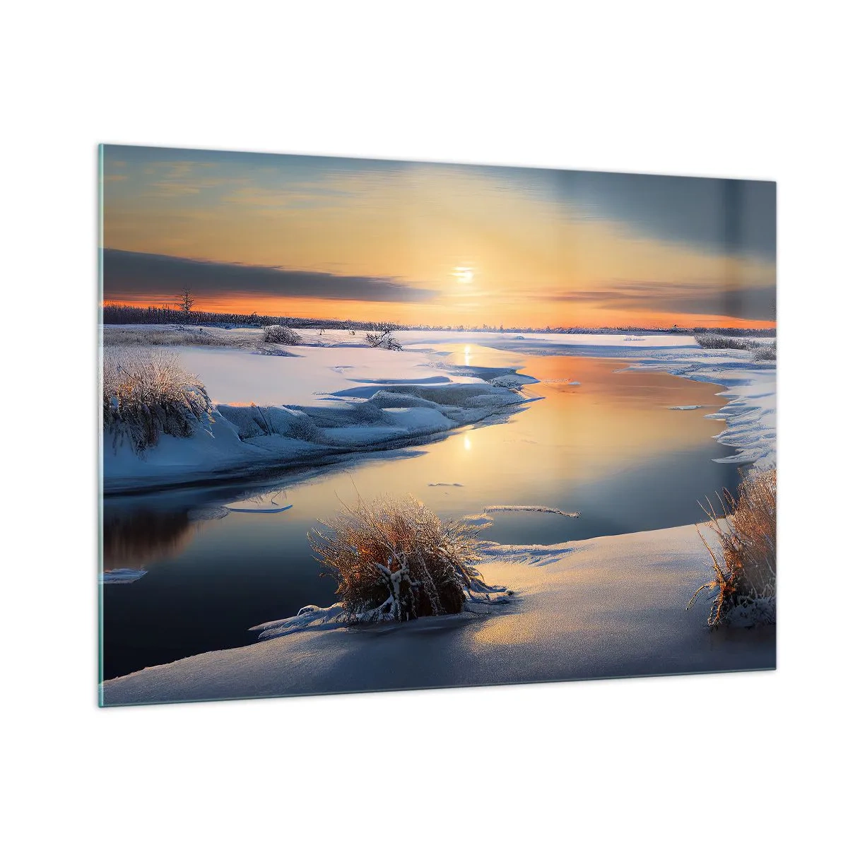 Cuadro sobre vidrio - Impresiones sobre Vidrio - Paisaje invernal con puesta de sol sobre un río helado - 100x70cm - Atardecer de invierno - Decoración de pared moderna para salón y dormitorio ARTTOR