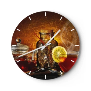 Reloj de pared - Reloj de vidrio - Té con limón y un tarro de hierbas secas sobre un fondo dorado. - 30x30cm - Al estilo de los maestros holandeses - Decoración de pared moderna para salón, cocina y dormitorio ARTTOR