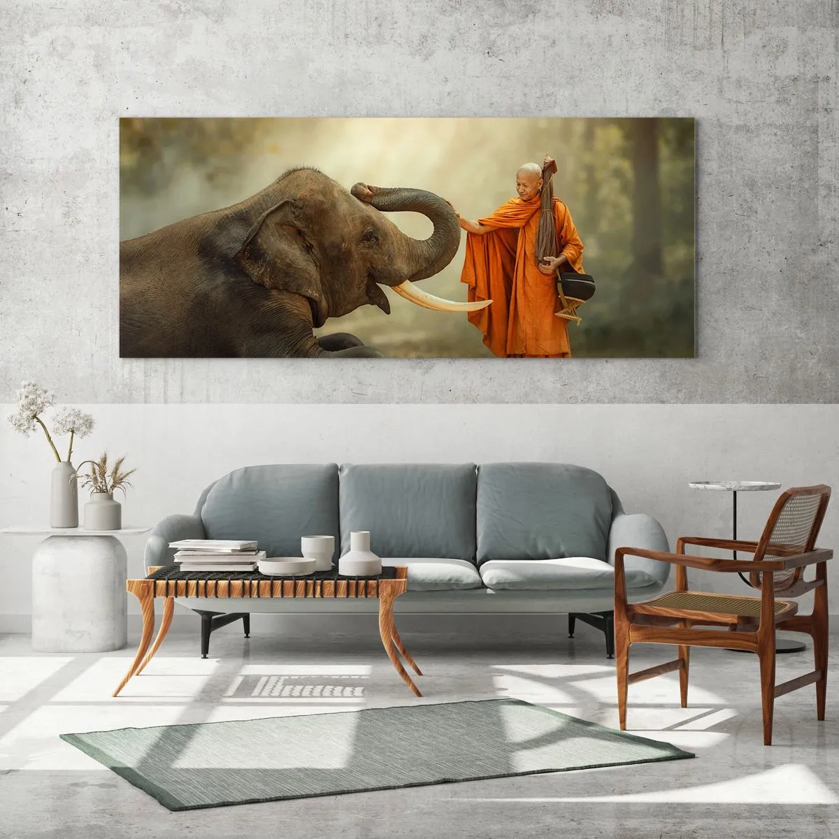 Cuadro sobre vidrio - Impresiones sobre Vidrio - Un monje y un elefante en armonía con la naturaleza como telón de fondo. - 160x50cm - Un encuentro en un viaje - Decoración de pared moderna para salón y dormitorio ARTTOR