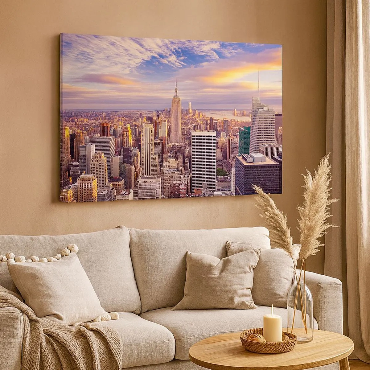 Cuadro sobre lienzo - Impresión de Imagen - Panorama de una ciudad moderna con rascacielos al atardecer - 70x50cm - Alcanzar las nubes - Decoración de pared moderna para salón y dormitorio ARTTOR