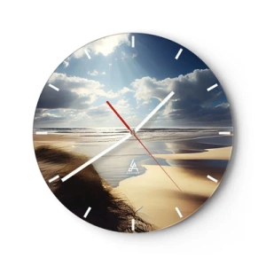 Reloj de pared - Reloj de vidrio - Una playa salvaje con dunas iluminadas por la luz del sol y las nubes. - 30x30cm - Playa, playa salvaje - Decoración de pared moderna para salón, cocina y dormitorio ARTTOR