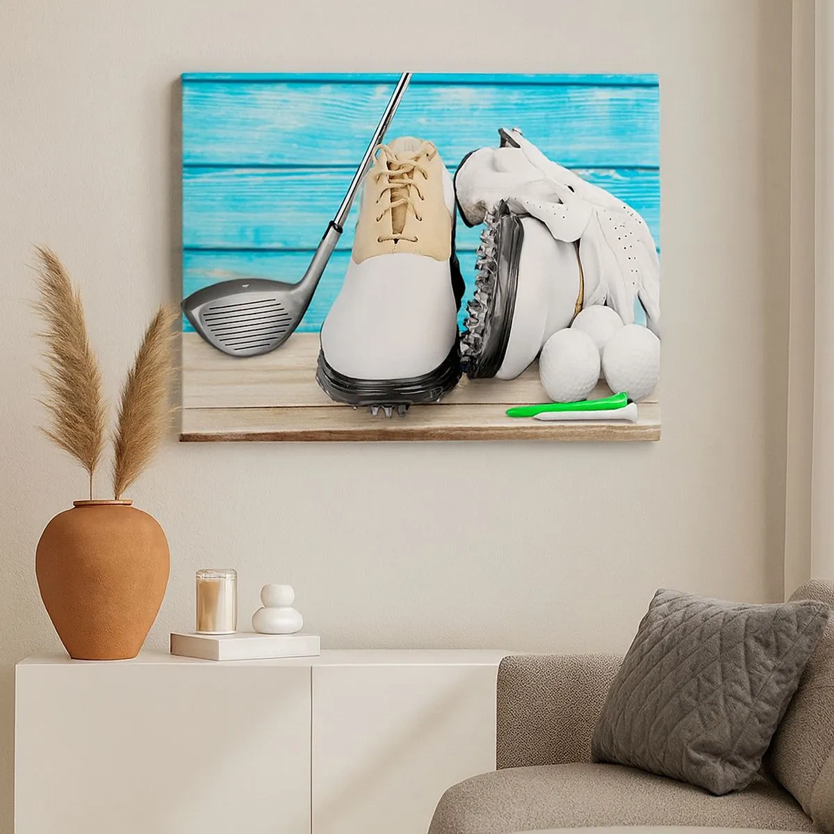 Cuadro sobre lienzo - Impresión de Imagen - Un conjunto de accesorios de golf sobre un fondo de madera. - 70x50cm - Todo listo - Decoración de pared moderna para salón y dormitorio ARTTOR