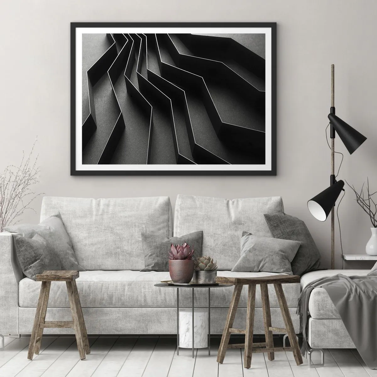 Póster en marco negro - Abstracción en blanco y negro con estructuras geométricas. - 100x70cm - Orden espacial - Decoración de pared moderna para salón y dormitorio ARTTOR