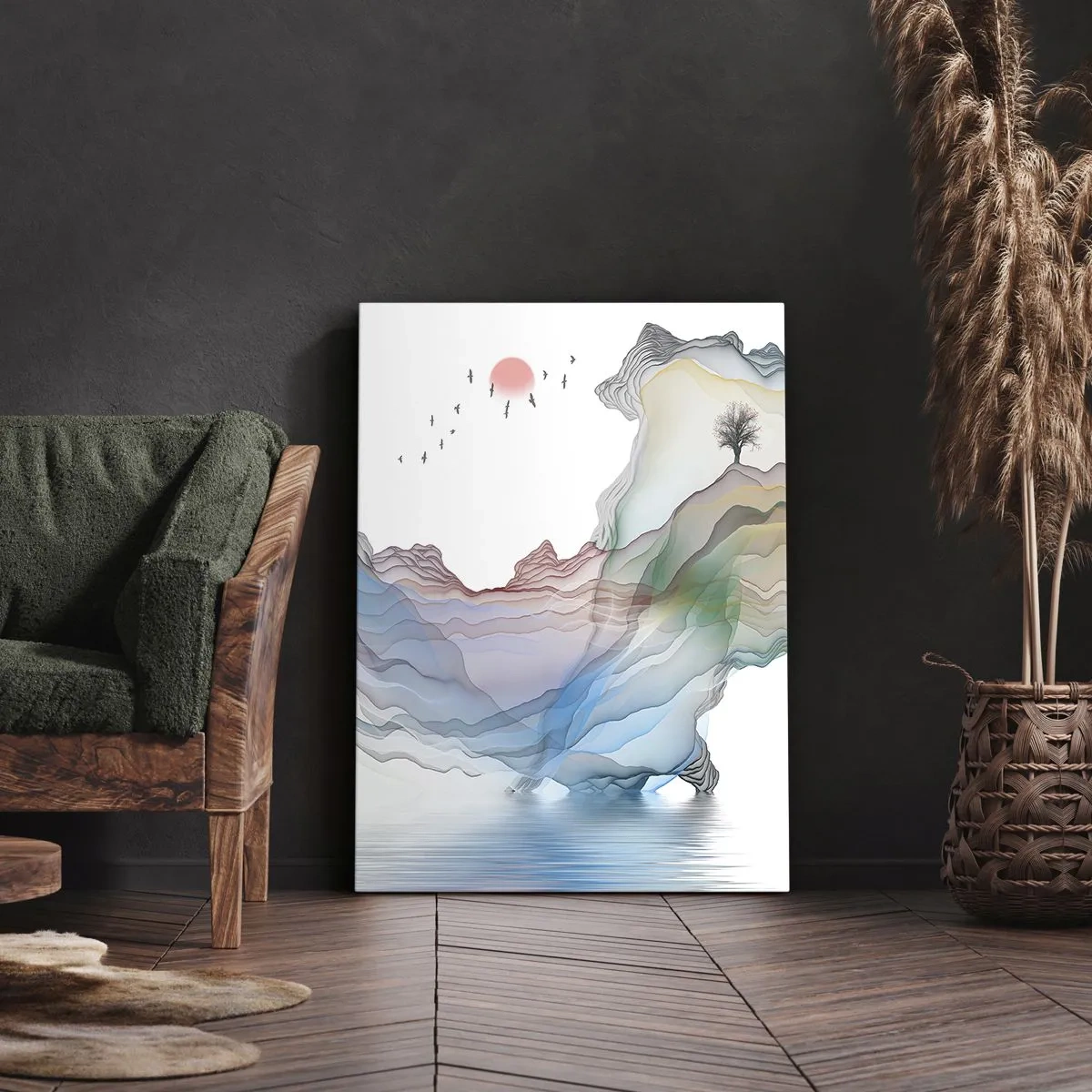 Cuadro sobre lienzo - Impresión de Imagen - Un paisaje sutil con montañas, agua y un barco. - 70x100cm - Hacia las montañas de cristal - Decoración de pared moderna para salón y dormitorio ARTTOR