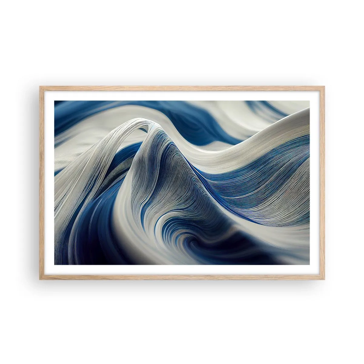 Póster en marco roble claro - Fluidez de azul y blanco - 91x61 cm