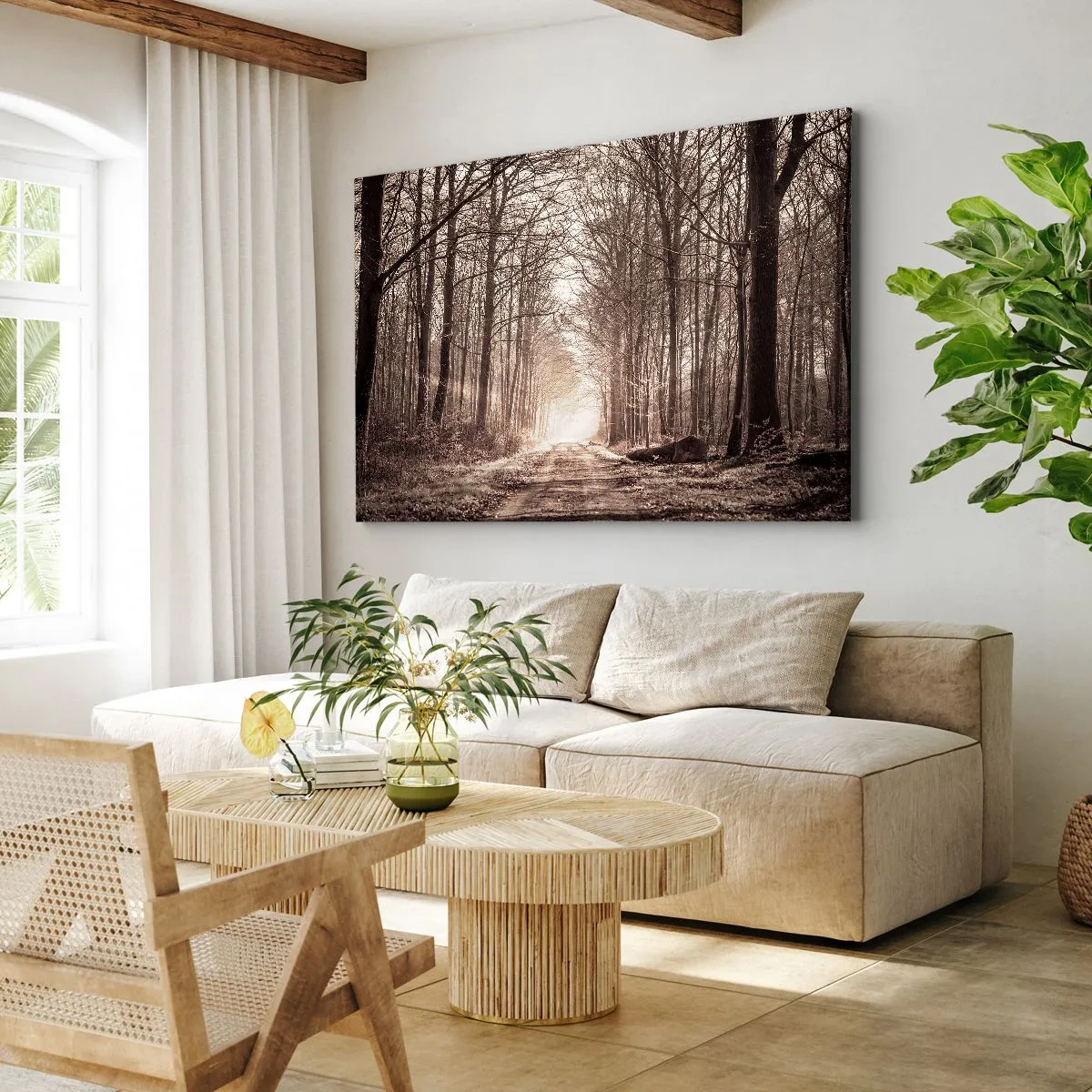 Cuadro sobre lienzo - Impresión de Imagen - Un sendero forestal entre árboles en tonos sepia. - 70x50cm - La catedral del bosque - Decoración de pared moderna para salón y dormitorio ARTTOR