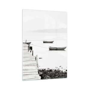 Cuadro sobre vidrio - Impresiones sobre Vidrio - Vista en blanco y negro de un muelle de madera sobre un lago. - 50x70cm - Junto al agua tranquila y clara - Decoración de pared moderna para salón y dormitorio ARTTOR